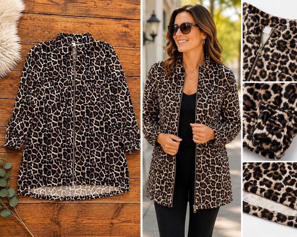 Michael Kors Women’s Leopard Print Zip Front Top Sz M Roll Tab Sleeve Blouse